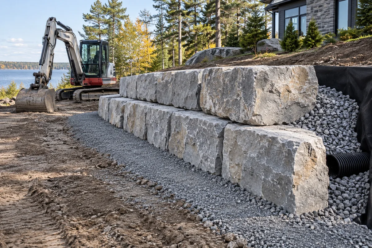Armour stone installation with excavator and drainage aggregate — illustrative retaining wall option for the Moncton area