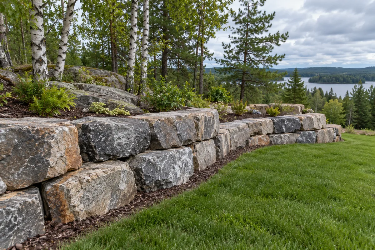 Natural stone wall following a planted wooded slope — illustrative retaining wall option for the Moncton area