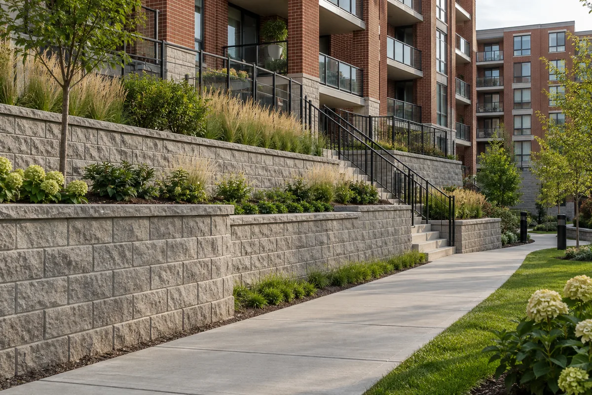 Stepped retaining walls beside an apartment walkway — illustrative retaining wall option for the Moncton area