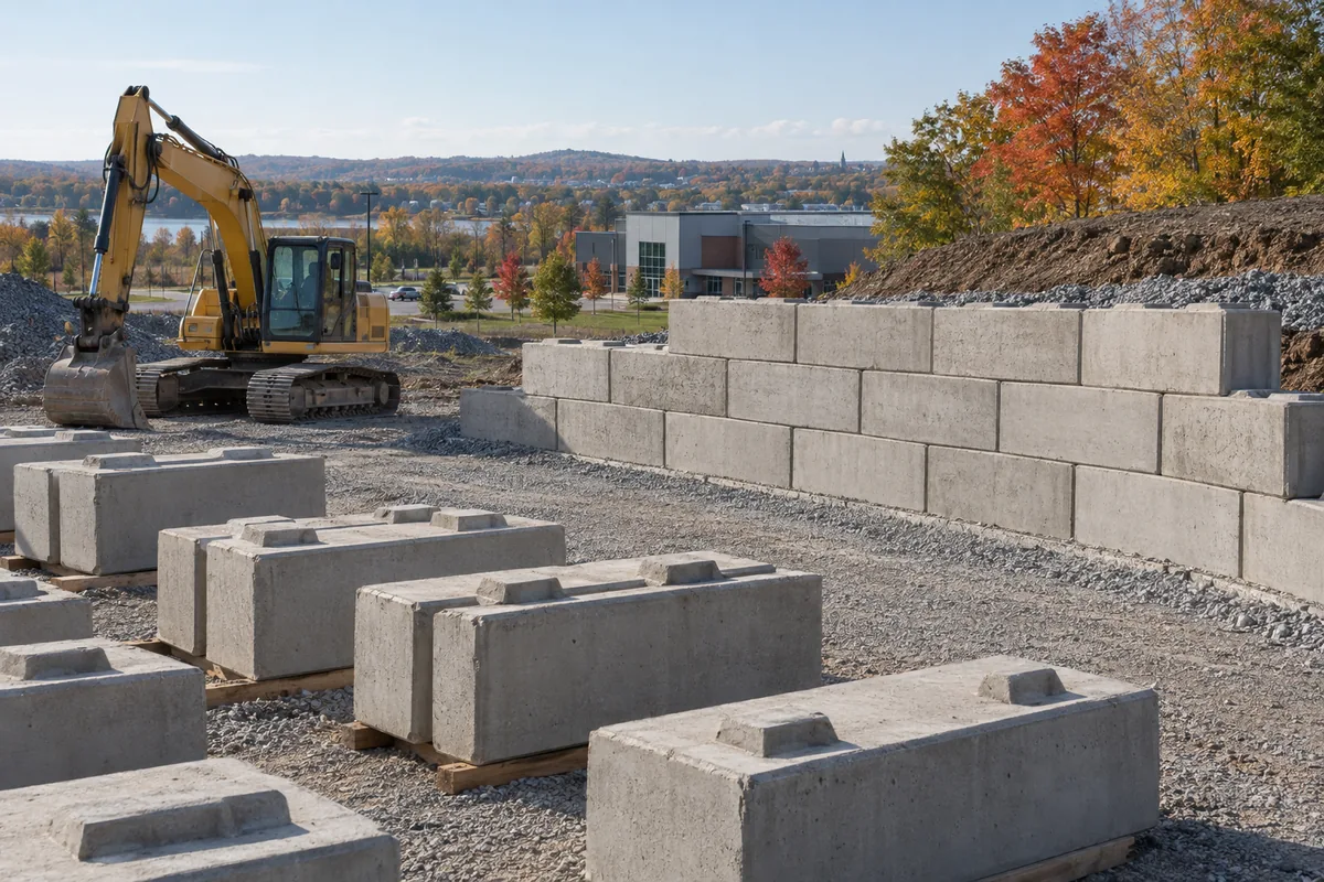 Large precast retaining units staged at a construction site — illustrative retaining wall option for the Moncton area