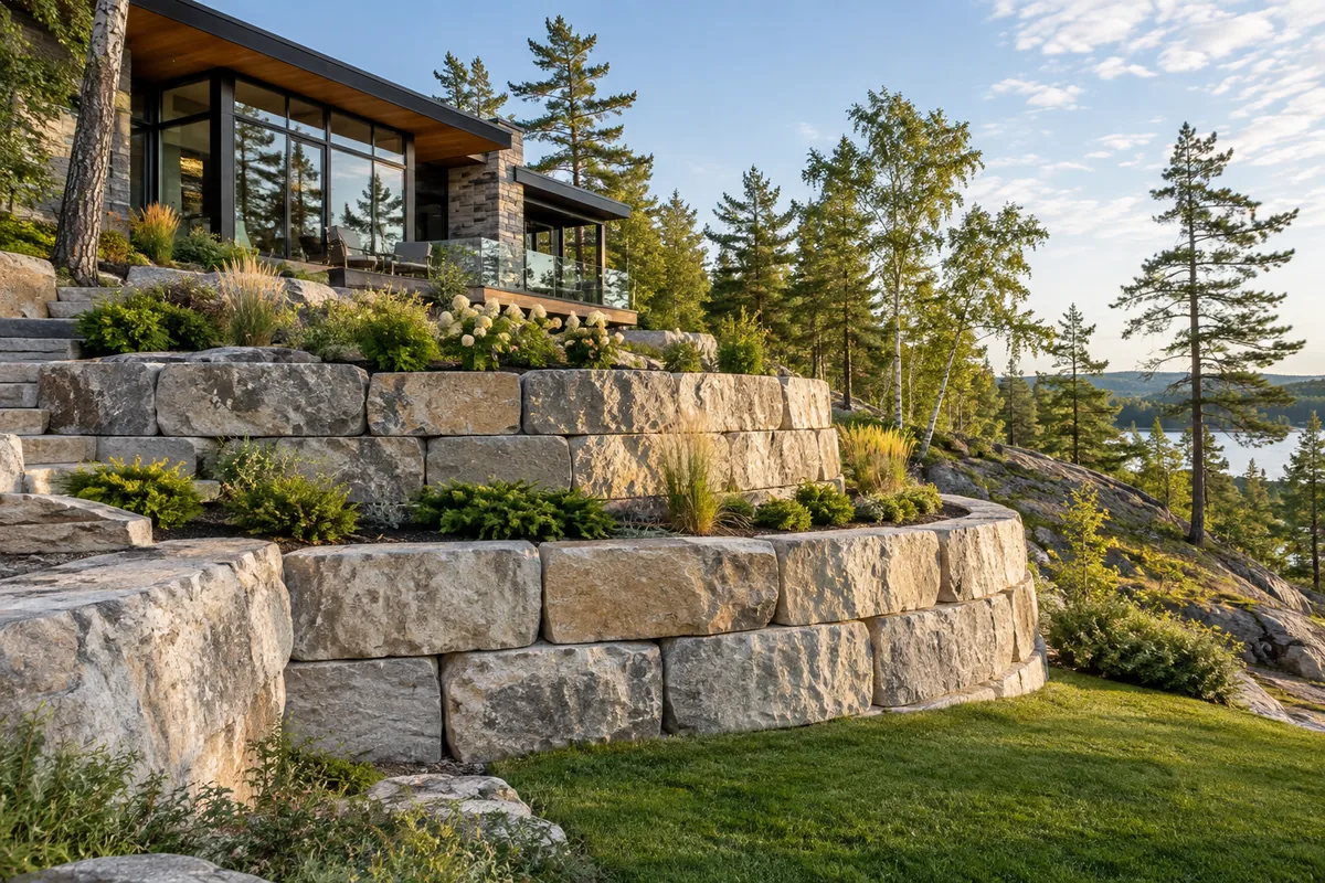 Armour stone terraces beside a cottage deck — illustrative retaining wall option for the Moncton area