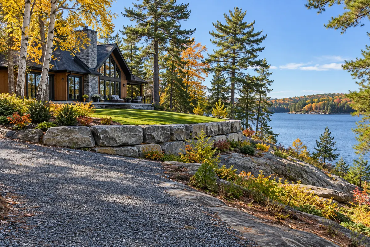 Cottage access area with low stone retaining edges — illustrative retaining wall option for the Moncton area