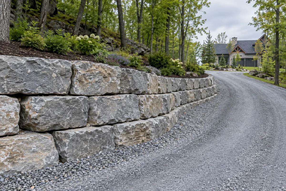 Stacked stone wall alongside a gravel access route — illustrative retaining wall option for the Moncton area