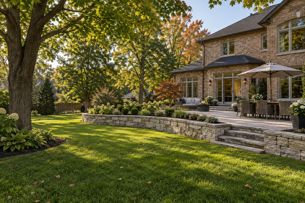 Broad lawn bounded by a low stone garden terrace — illustrative retaining wall option for the Moncton area