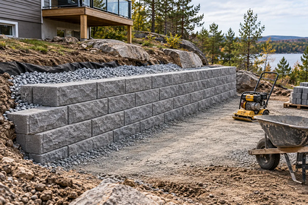 Retaining block installation with exposed drainage aggregate — illustrative retaining wall option for the Moncton area