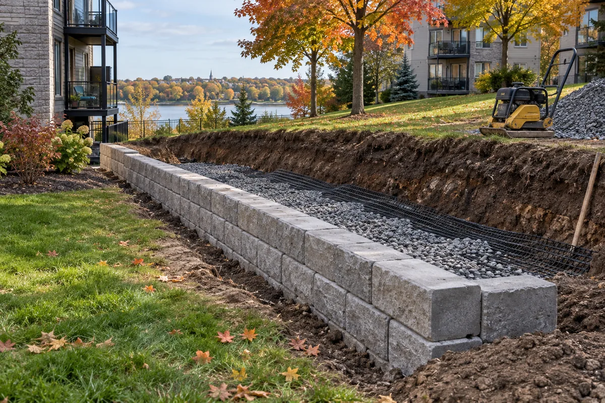 Prepared gravel drainage zone behind a low retaining course — illustrative retaining wall option for the Moncton area