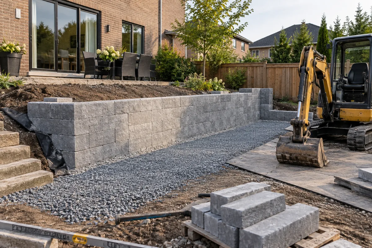 Replacement block retaining installation with gravel base and equipment — illustrative retaining wall option for the Moncton area