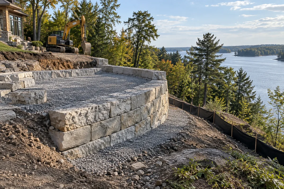Curved retaining wall and exposed graded ground during construction — illustrative retaining wall option for the Moncton area