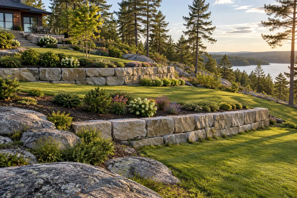 Three garden levels formed by natural stone retaining walls — illustrative retaining wall option for the Moncton area