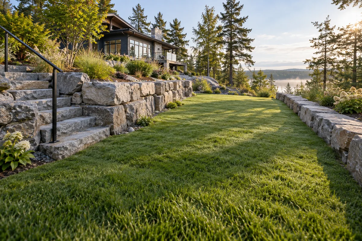 Stone steps and usable lawn between retaining terraces — illustrative retaining wall option for the Moncton area